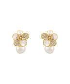 Chic White Sterling Silver Overgild Zircon Pearl Floral Stud Earrings