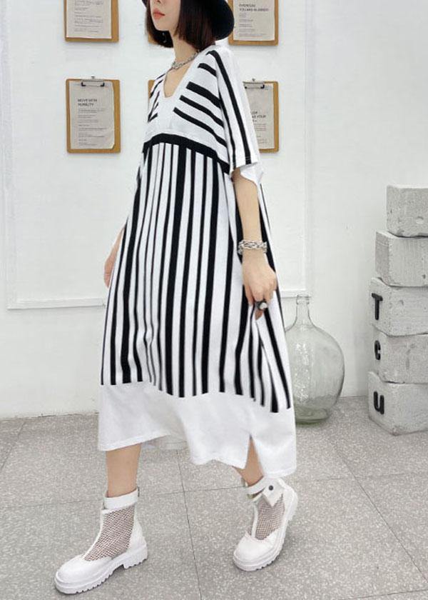 Chic White Striped Cotton Dress V Neck Summer Long Dresses - SooLinen
