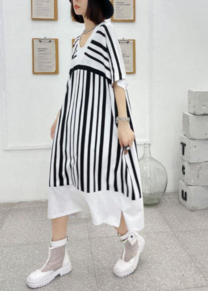 Chic White Striped Cotton Dress V Neck Summer Long Dresses - SooLinen