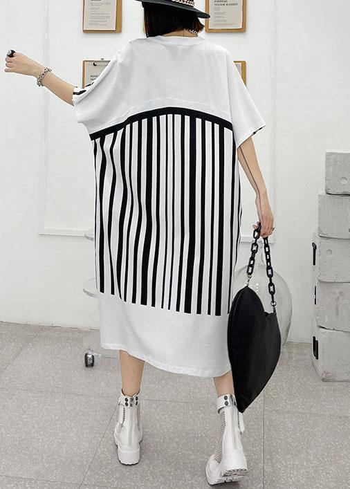 Chic White Striped Cotton Dress V Neck Summer Long Dresses - SooLinen