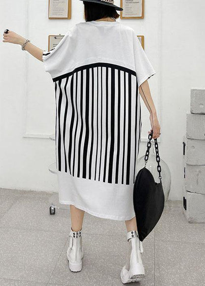 Chic White Striped Cotton Dress V Neck Summer Long Dresses - SooLinen