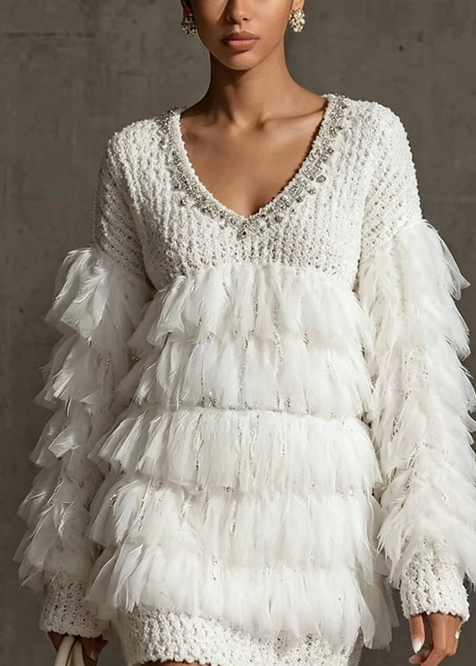 Chic White Tassel Zircon Patchwork Knit Sweaters Fall