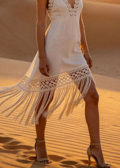 Chic White Tasseled Patchwork Cotton Spaghetti Strap Summer