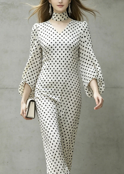 Chic White V Neck Dot Print Chiffon Dresses Lantern Sleeve