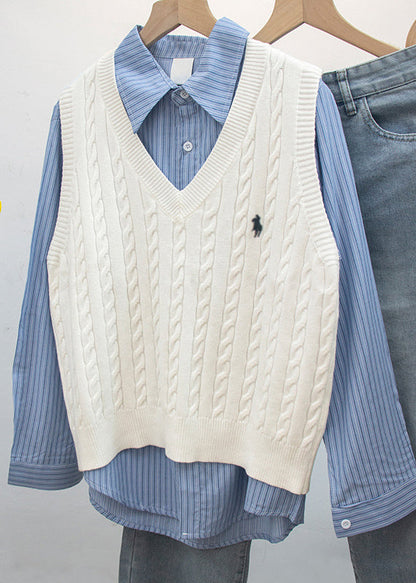 Chic White V Neck Embroideried Knit Vest Sleeveless