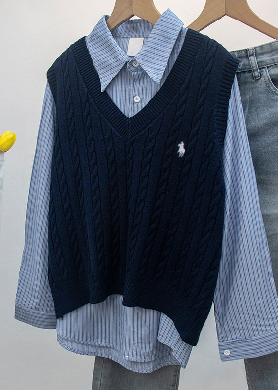 Chic White V Neck Embroideried Knit Vest Sleeveless