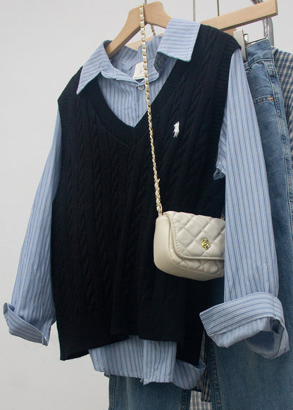 Chic White V Neck Embroideried Knit Vest Sleeveless