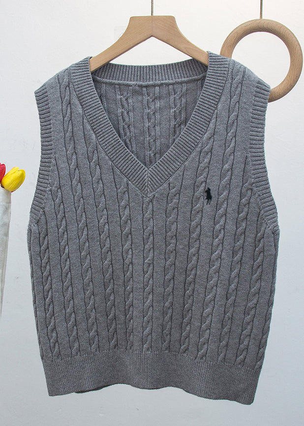 Chic White V Neck Embroideried Knit Vest Sleeveless