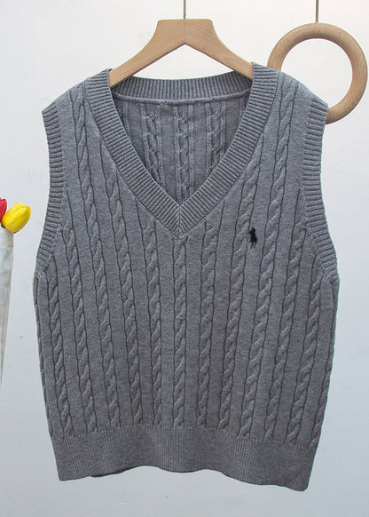 Chic White V Neck Embroideried Knit Vest Sleeveless