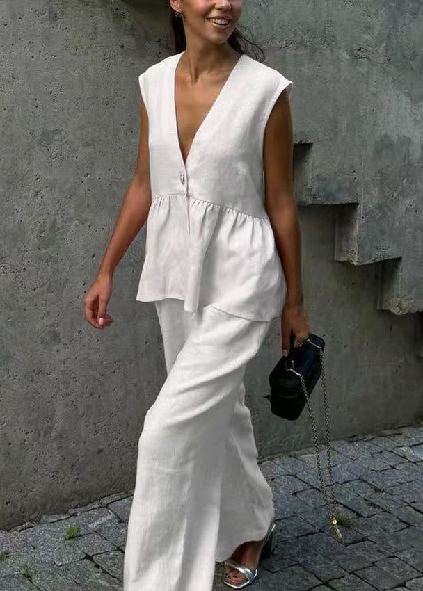 Chic White V Neck Oversized Linen Two Pieces Set Sleeveless