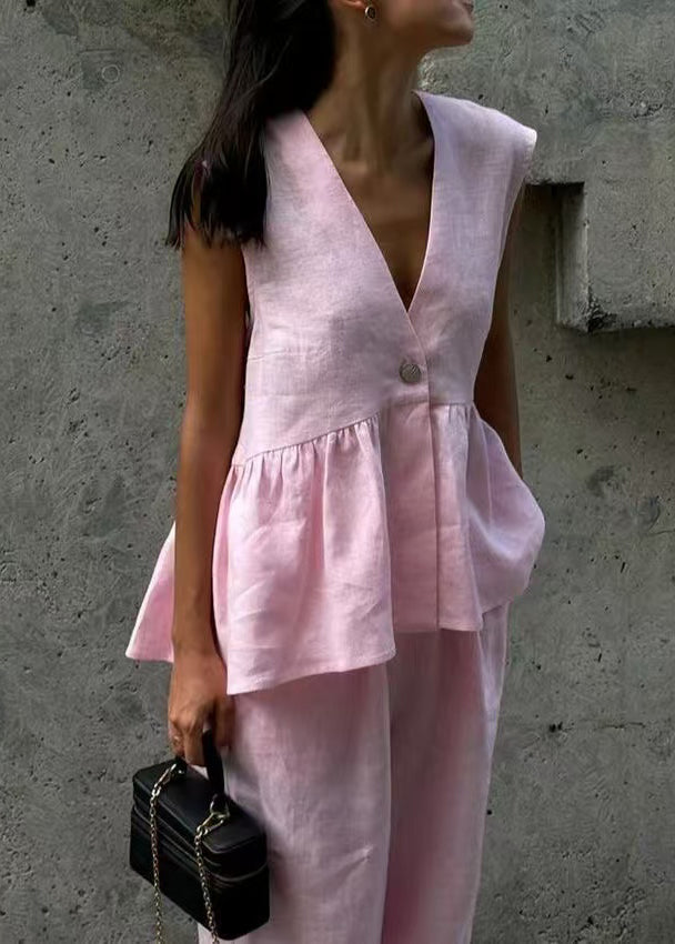 Chic White V Neck Oversized Linen Two Pieces Set Sleeveless
