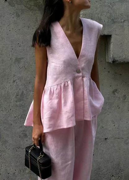 Chic White V Neck Oversized Linen Two Pieces Set Sleeveless