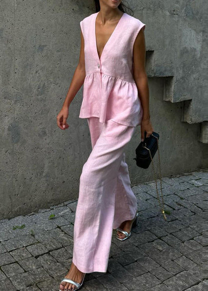 Chic White V Neck Oversized Linen Two Pieces Set Sleeveless