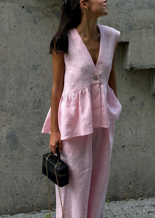 Chic White V Neck Oversized Linen Two Pieces Set Sleeveless