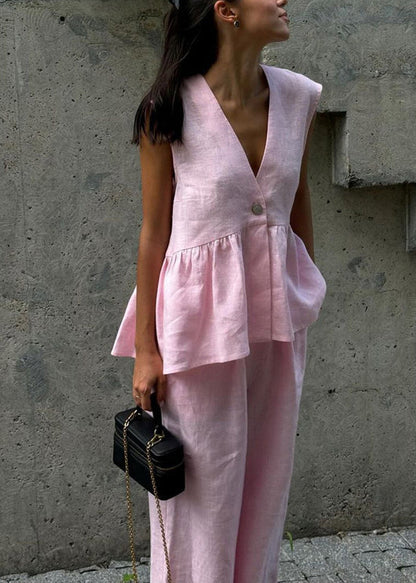 Chic White V Neck Oversized Linen Two Pieces Set Sleeveless