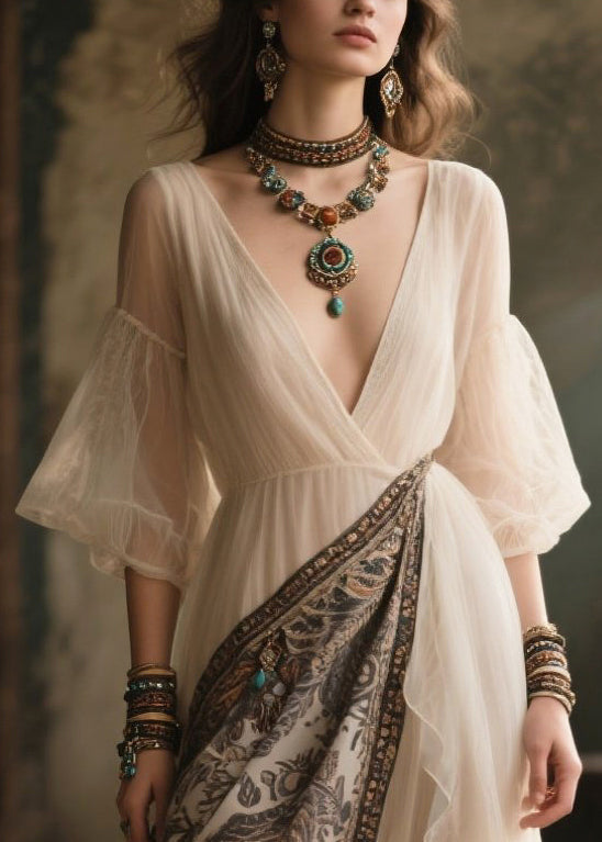 Chic White V Neck Patchwork Chiffon Holiday Dress Summer