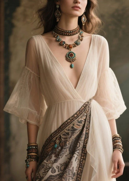 Chic White V Neck Patchwork Chiffon Holiday Dress Summer