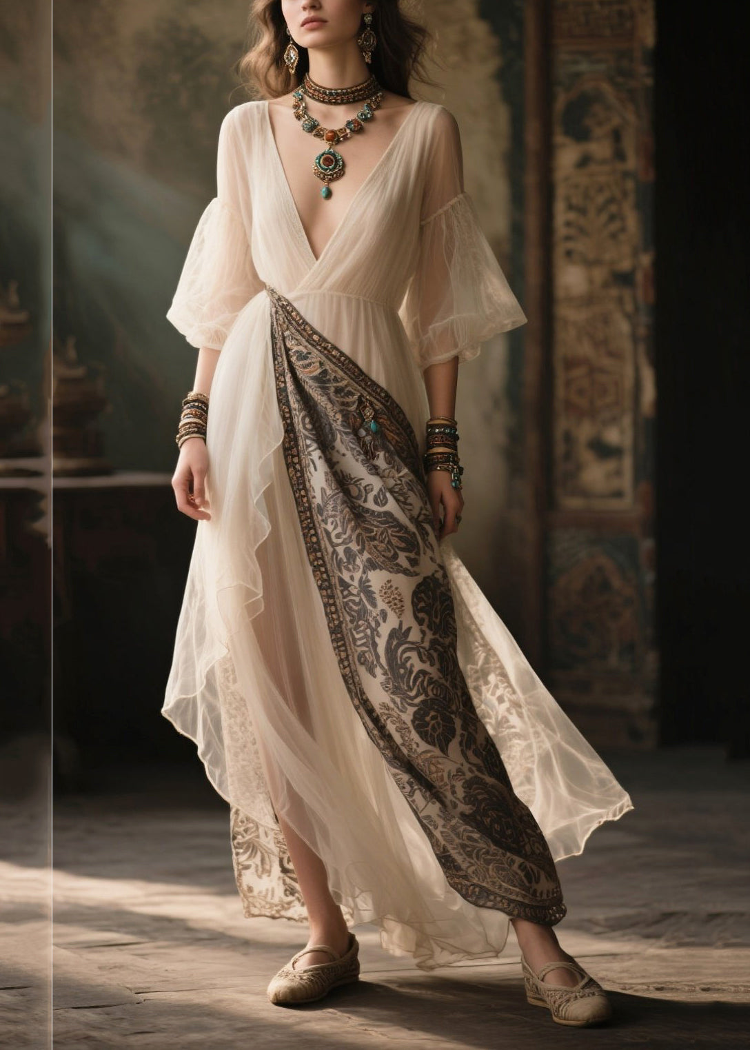 Chic White V Neck Patchwork Chiffon Holiday Dress Summer