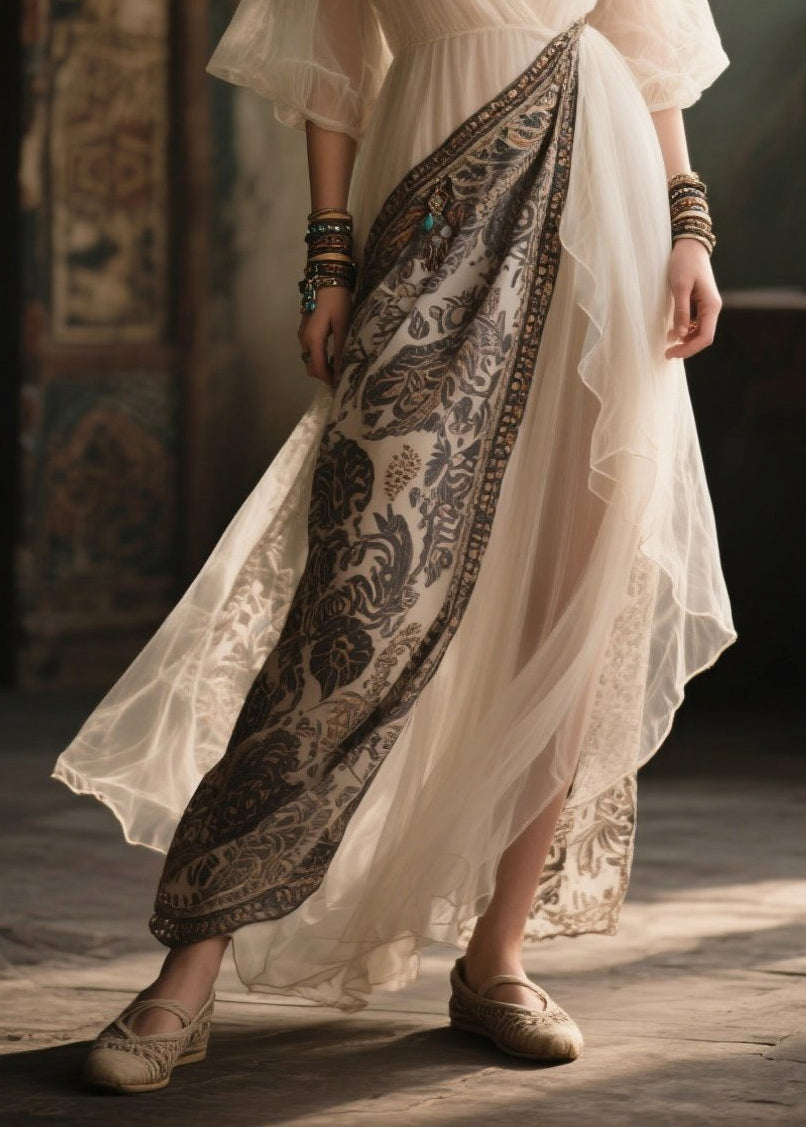 Chic White V Neck Patchwork Chiffon Holiday Dress Summer