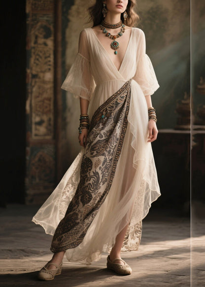 Chic White V Neck Patchwork Chiffon Holiday Dress Summer