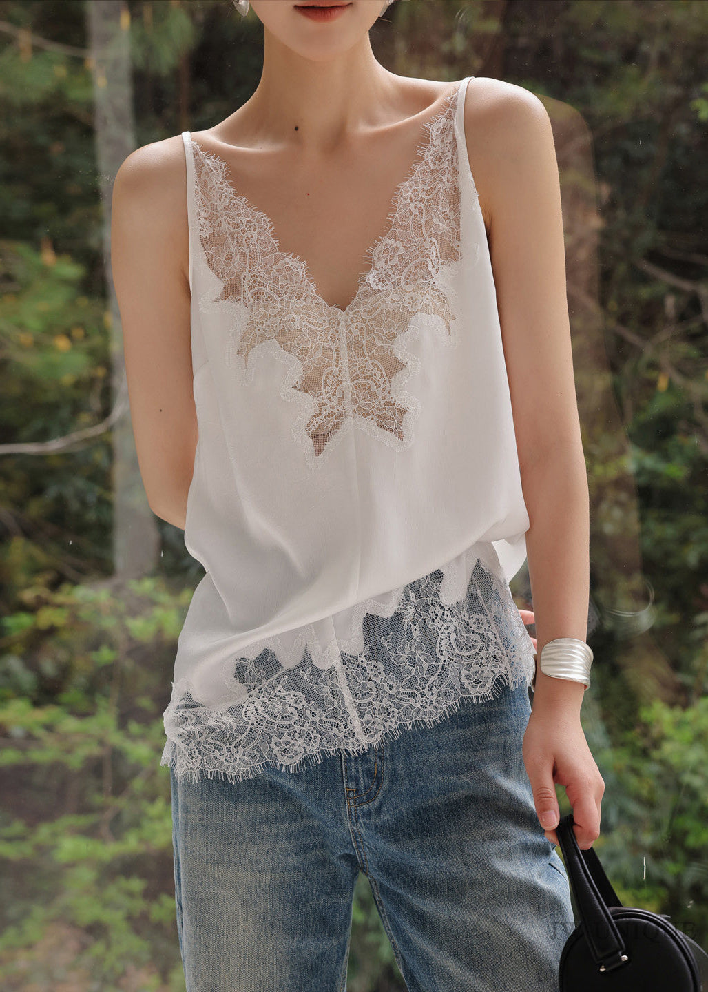 Chic White V Neck Patchwork Lace Vests Summer