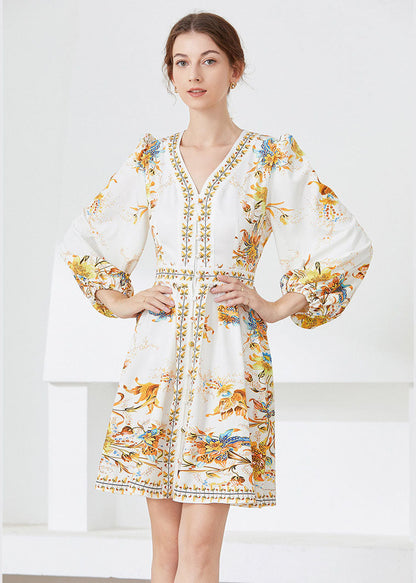 Chic White V Neck Print Chiffon Mid Dress Spring