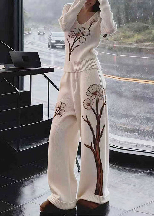 Chic White V Neck Print Knit Two Pieces Set Fall