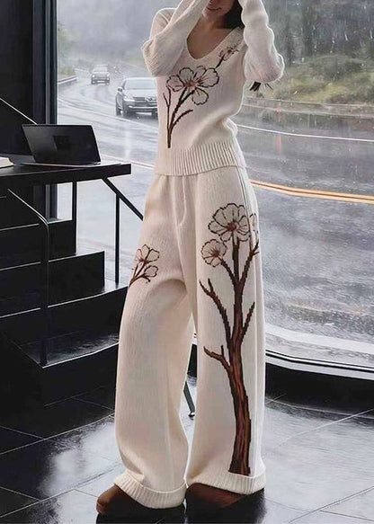 Chic White V Neck Print Knit Two Pieces Set Fall