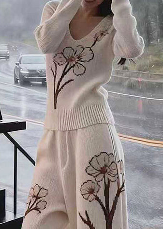 Chic White V Neck Print Knit Two Pieces Set Fall