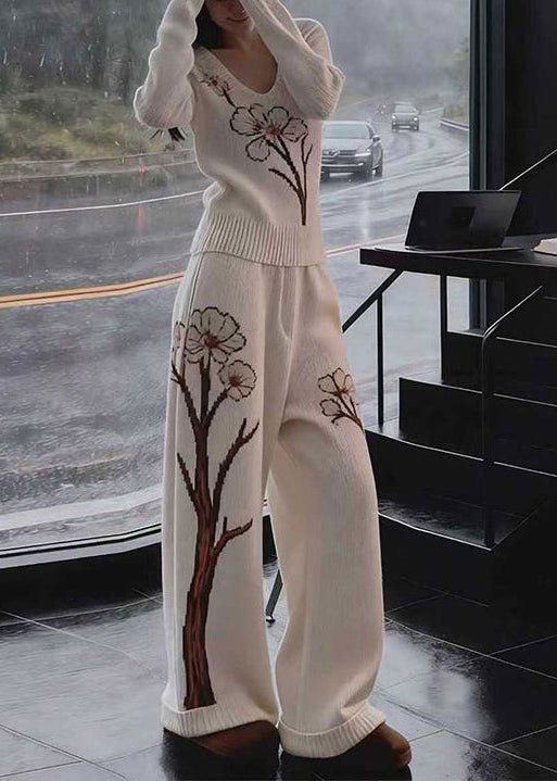 Chic White V Neck Print Knit Two Pieces Set Fall