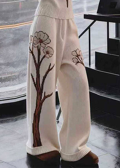 Chic White V Neck Print Knit Two Pieces Set Fall