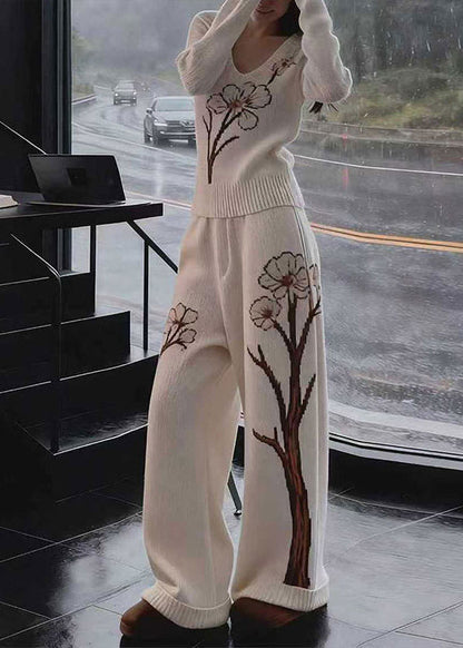 Chic White V Neck Print Knit Two Pieces Set Fall