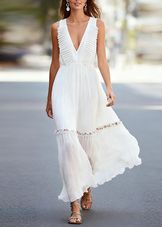 Chic White V Neck Ruffled Floral Chiffon Robe Dresses Sleeveless
