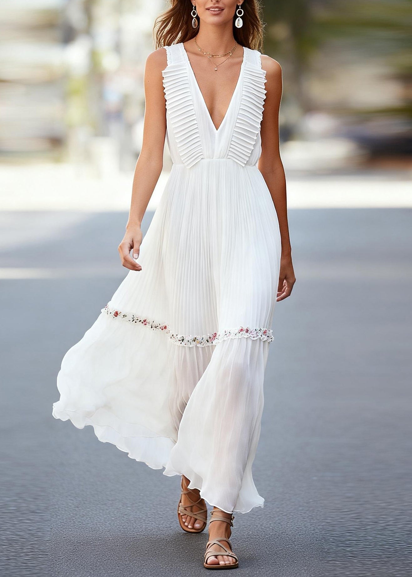 Chic White V Neck Ruffled Floral Chiffon Robe Dresses Sleeveless