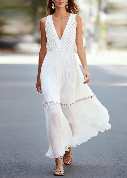 Chic White V Neck Ruffled Floral Chiffon Robe Dresses Sleeveless