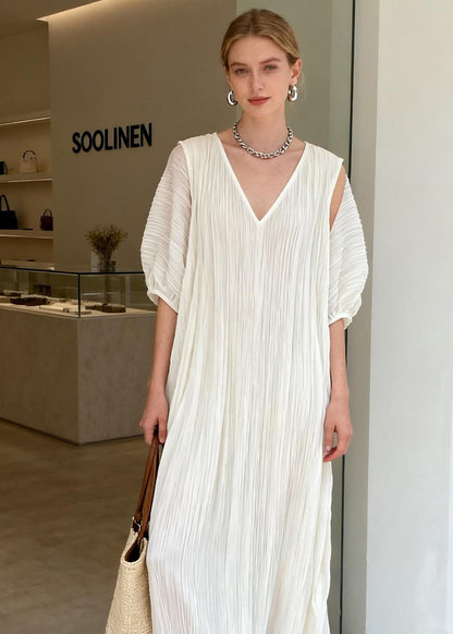 Chic White V Neck Wrinkled Patchwork Cotton Maxi Dresses Summer