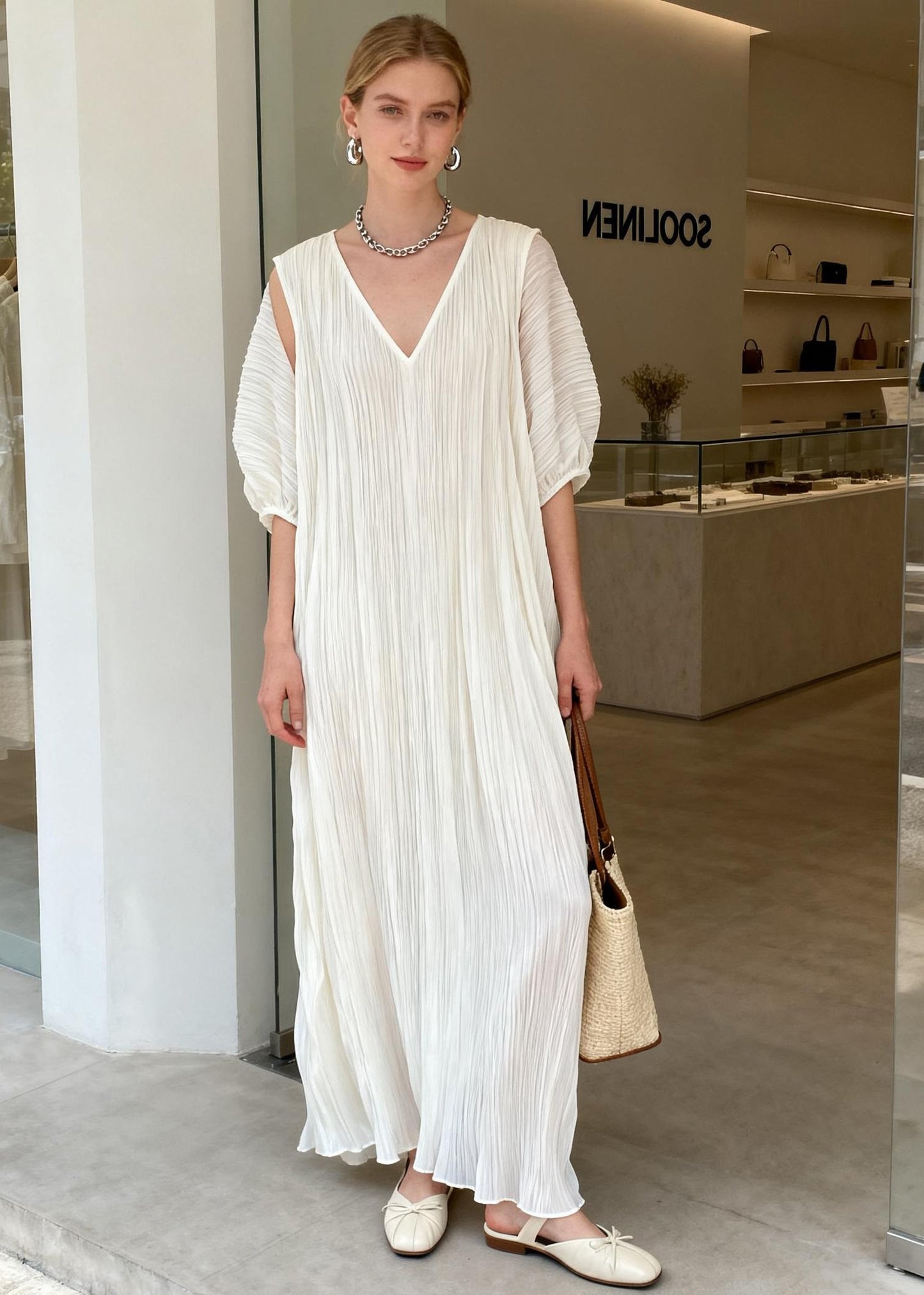 Chic White V Neck Wrinkled Patchwork Cotton Maxi Dresses Summer
