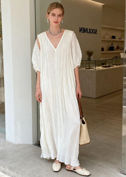 Chic White V Neck Wrinkled Patchwork Cotton Maxi Dresses Summer