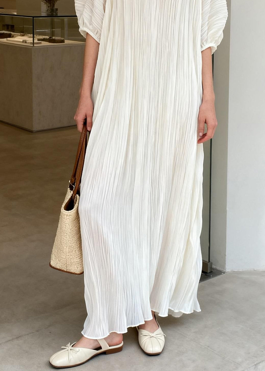 Chic White V Neck Wrinkled Patchwork Cotton Maxi Dresses Summer