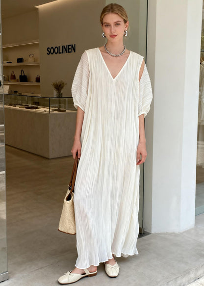 Chic White V Neck Wrinkled Patchwork Cotton Maxi Dresses Summer