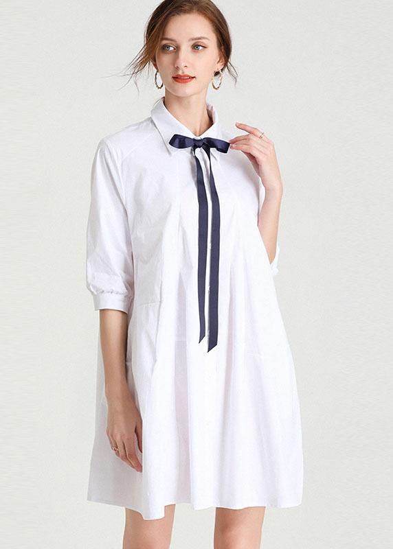Chic White fashion Bow Summer Cotton Holiday Dress Half Sleeve - SooLinen
