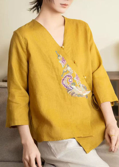 Chic Yellow Embroidered Lace Up Linen Shirts Spring