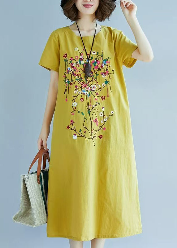 Chic Yellow Fine Embroidered Linen Dress Summer
