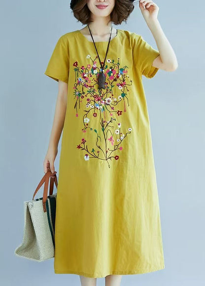 Chic Yellow Fine Embroidered Linen Dress Summer