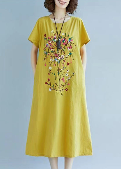Chic Yellow Fine Embroidered Linen Dress Summer