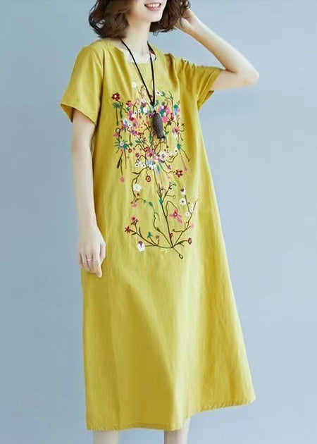 Chic Yellow Fine Embroidered Linen Dress Summer