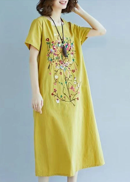 Chic Yellow Fine Embroidered Linen Dress Summer