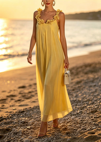 Chic Yellow Floral Patchwork Silk Spaghetti Strap Dress Summer