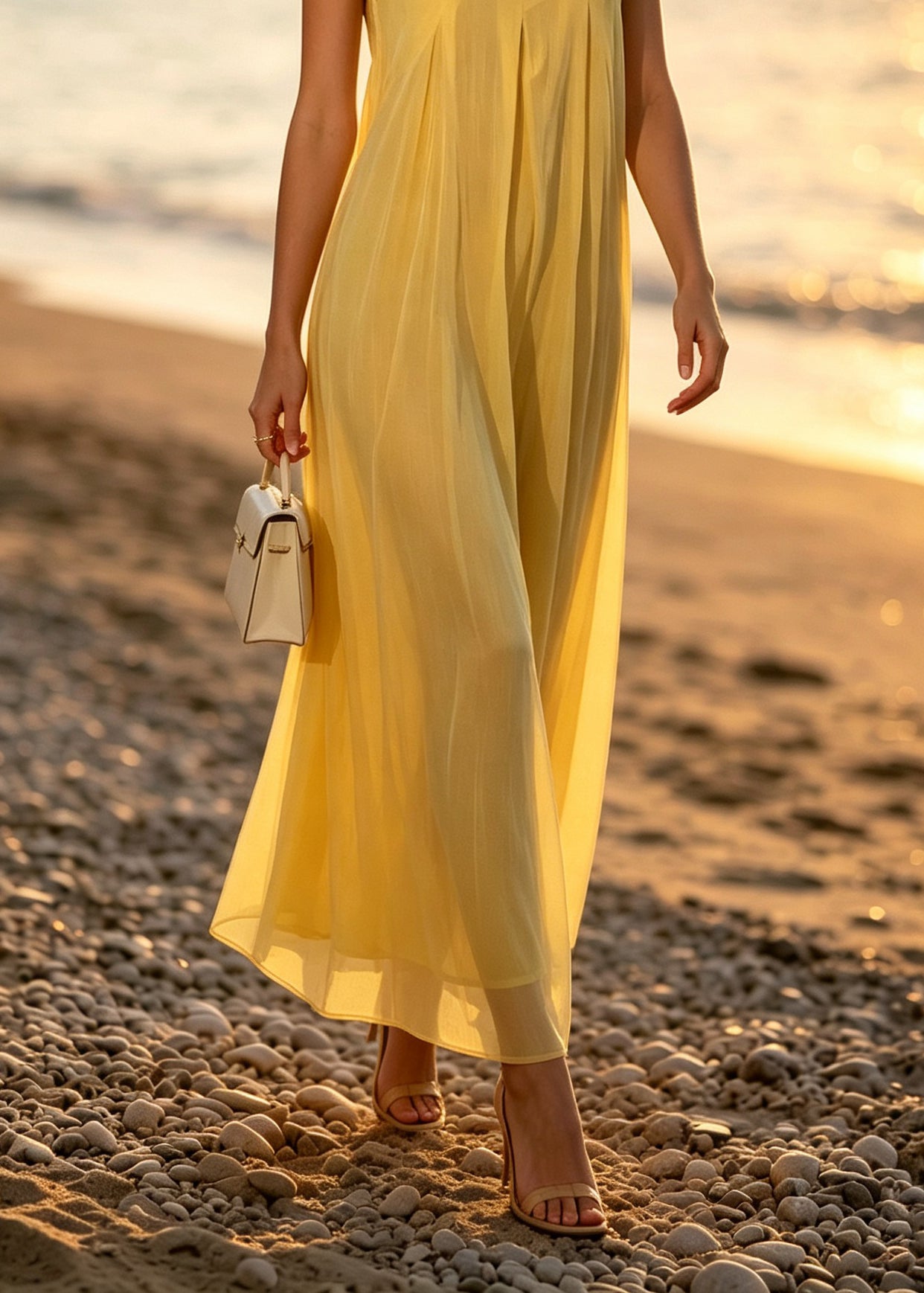 Chic Yellow Floral Patchwork Silk Spaghetti Strap Dress Summer
