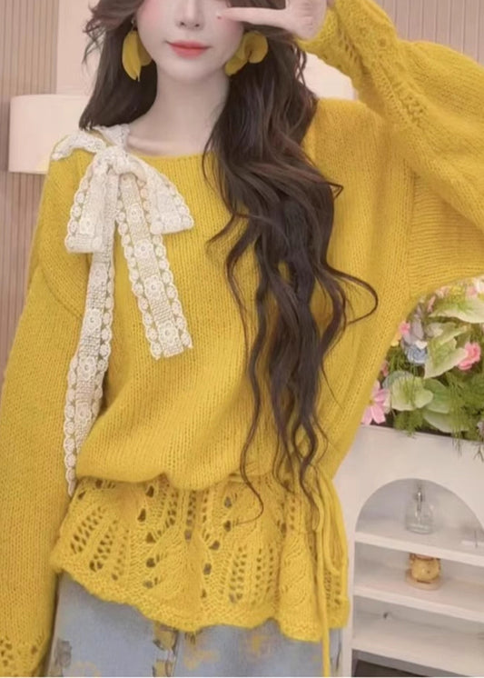 Chic Yellow Hollow Out Bow Knit Sweaters Spring
